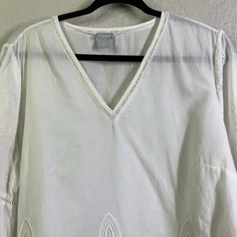 CHICO'S Blouse Embroidered Lace Cutout V-Neck Quarter Sleeve Boho Cottagecore - Picture 6 of 14